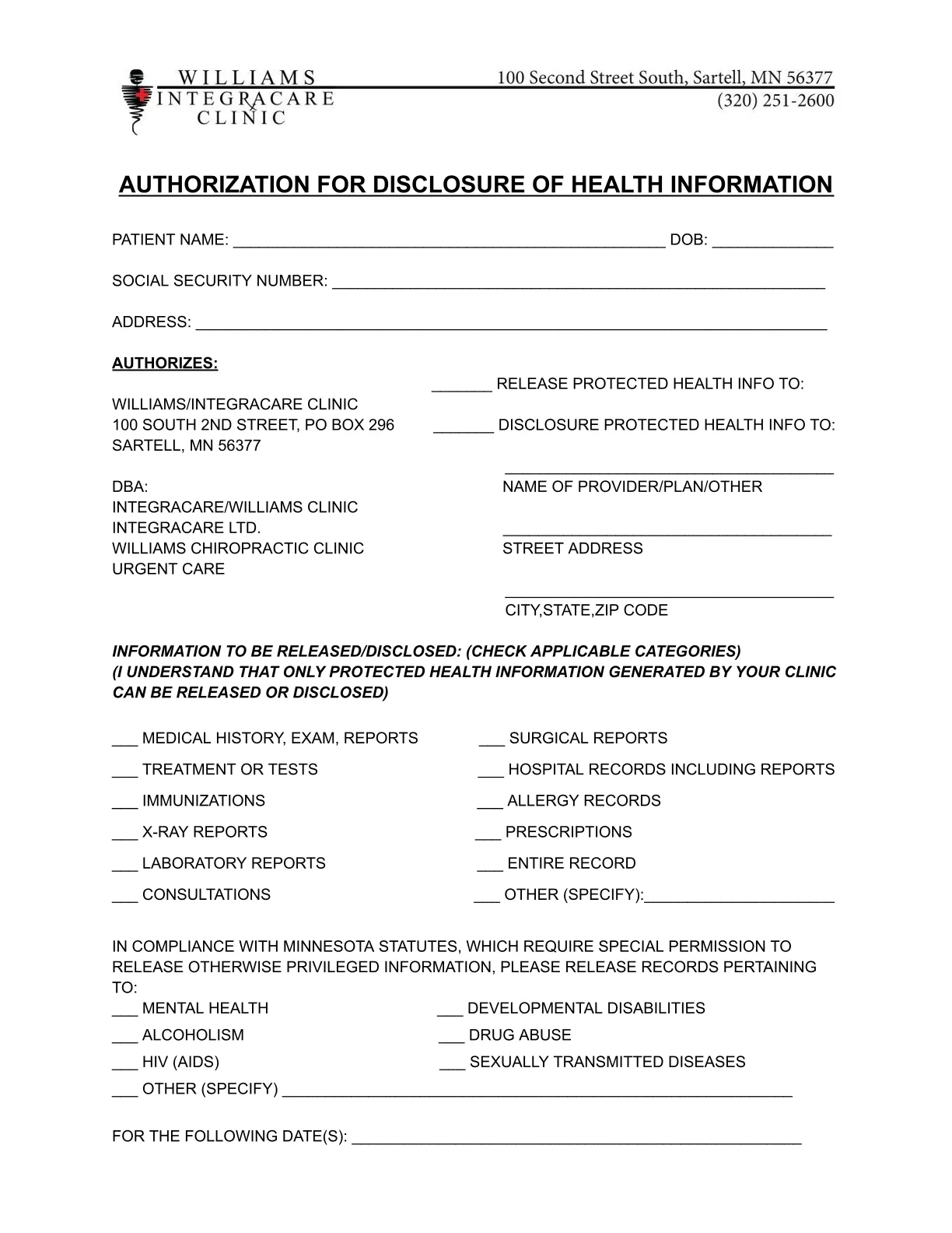 Authorization for Disclosure of Health Information - Sending OUT