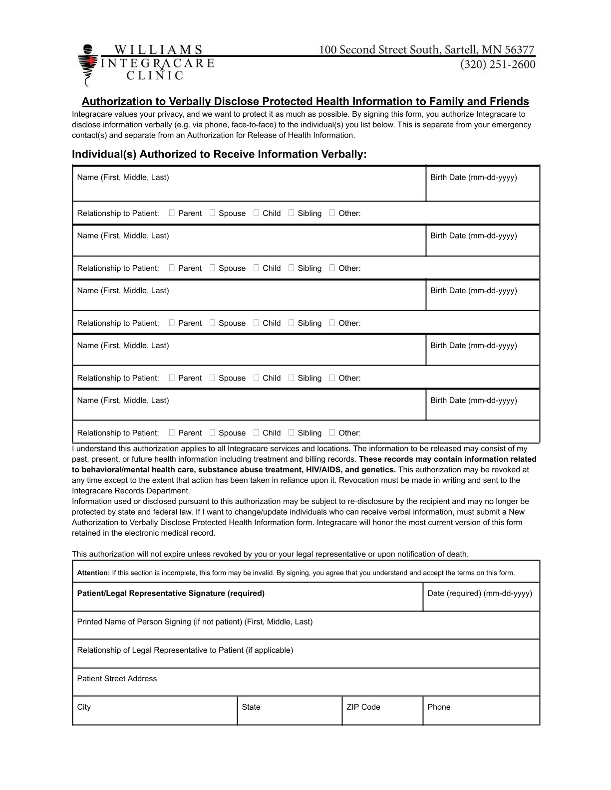 verbally disclose phi form